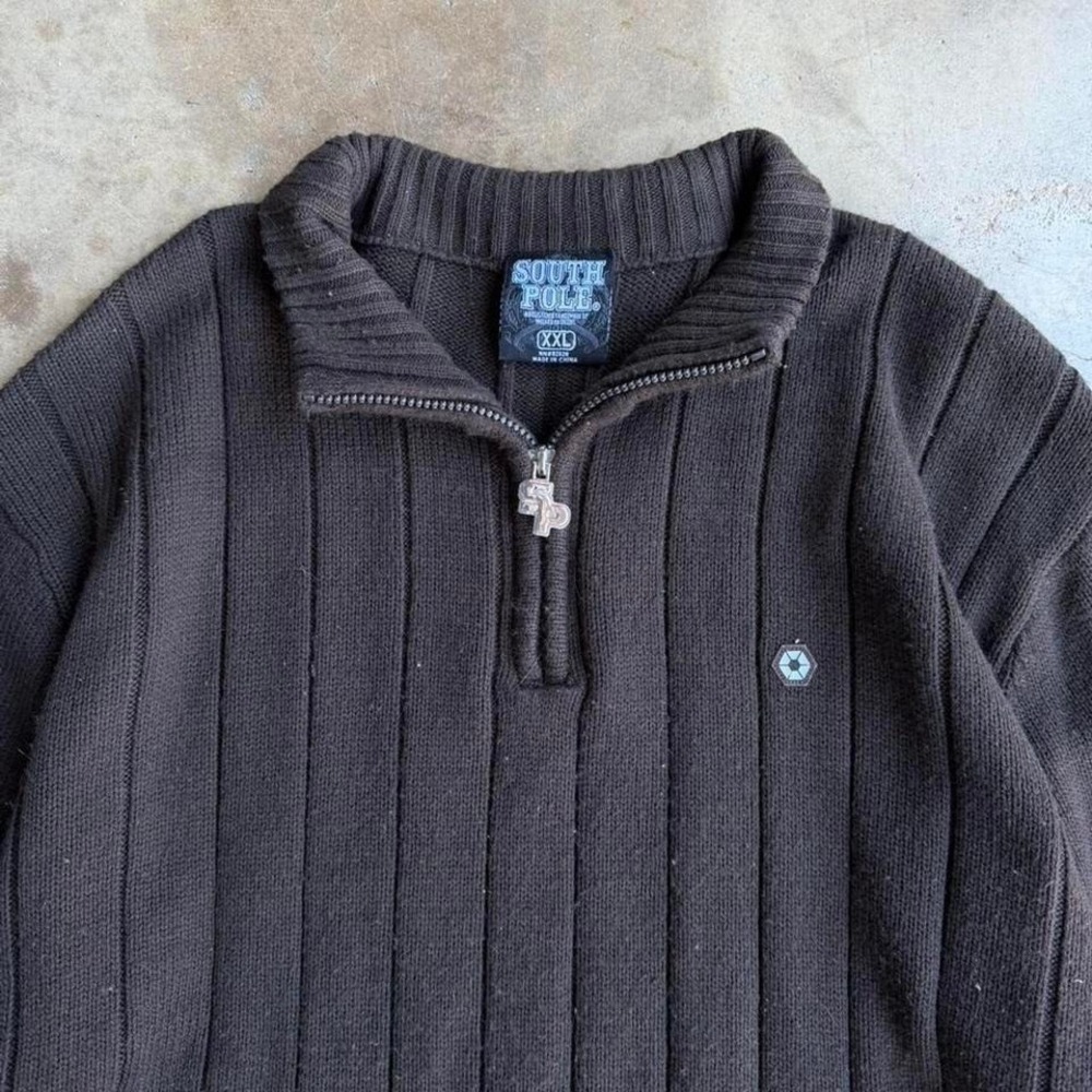 South Pole ribbed quarter zip up sweater brown y2k mens size 2XL - Picture 3 of 7